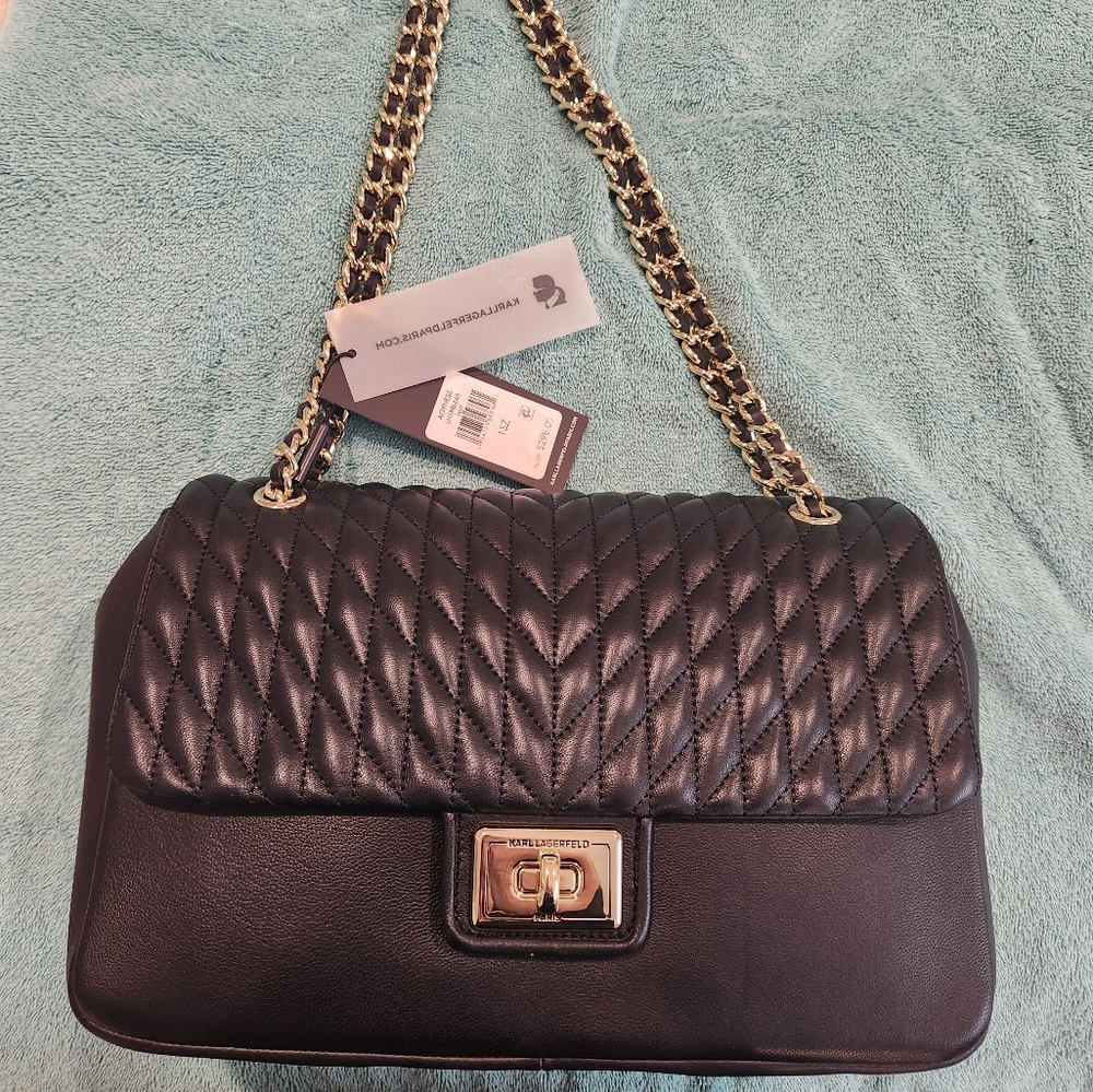 Karl Lagerfeld PARIS Argyness leather Quilted Flap Chain Shoulder Bag New